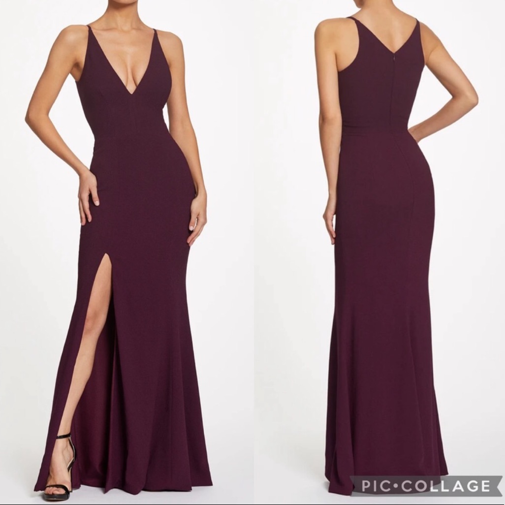 Dress The Population Iris Maxi Dress Thin Strap V Neck Gown In Plum Small
